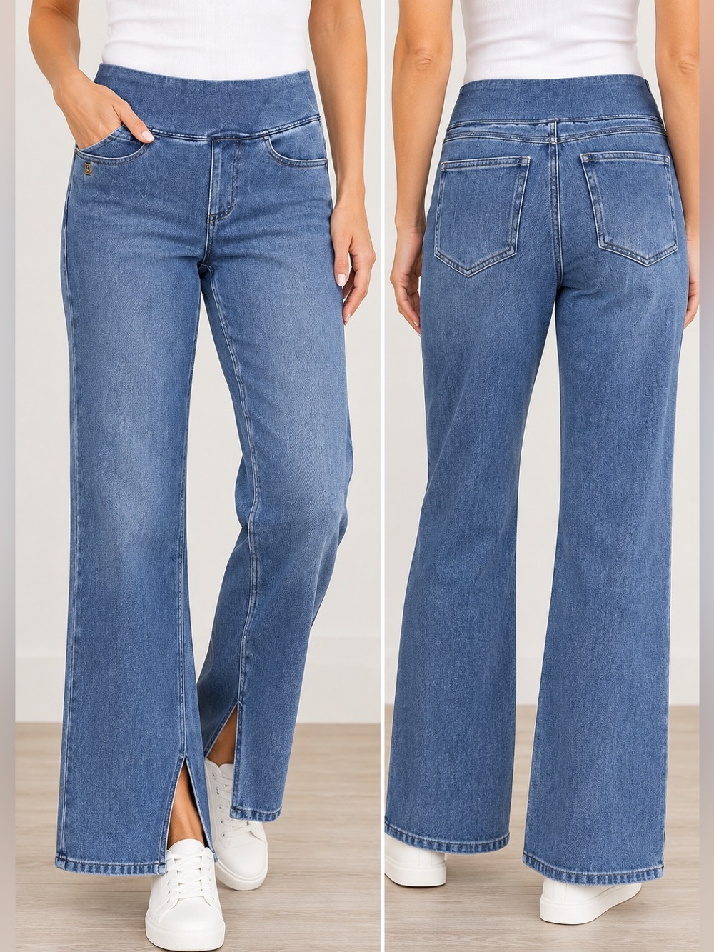 Belle Kim Gravel Pull On Wide Leg Jeans Split Hem Stretch Denim Size 2